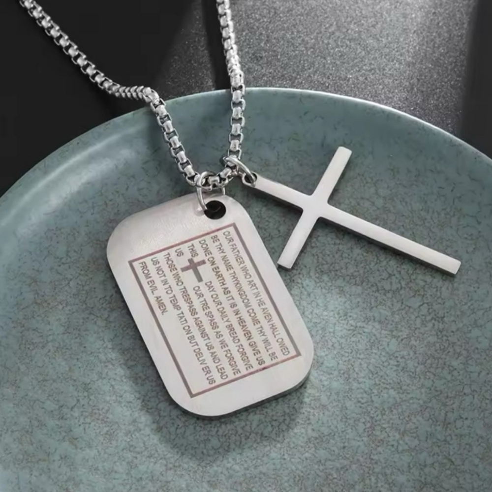 Beautiful Our Father Prayer dog tag and Cross necklace
